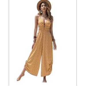 Yellow Patterned Women's Jumpsuit wide leg with side cinch Large NWOT